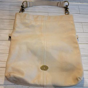 Fossil Quinn Ivory Pebbled Leather Fold Over Hobo Shoulder Bag Purse Brass Metal